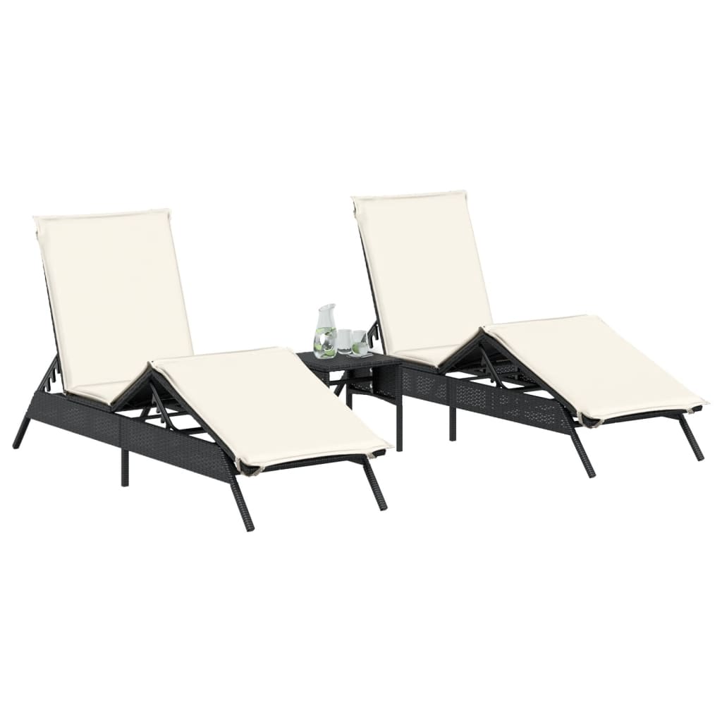 Sun loungers with cushions, 2 pcs, black, poly rattan
