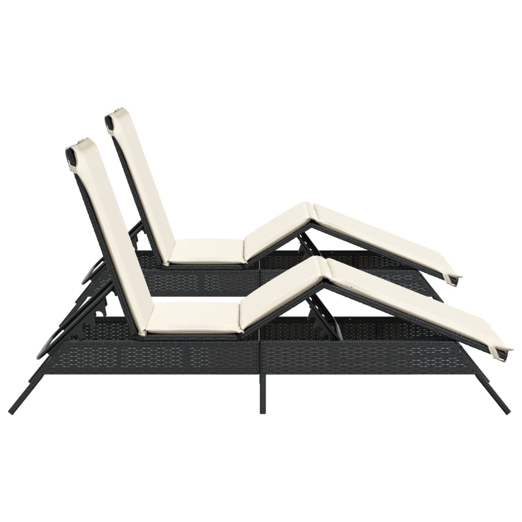 Sun loungers with cushions, 2 pcs, black, poly rattan