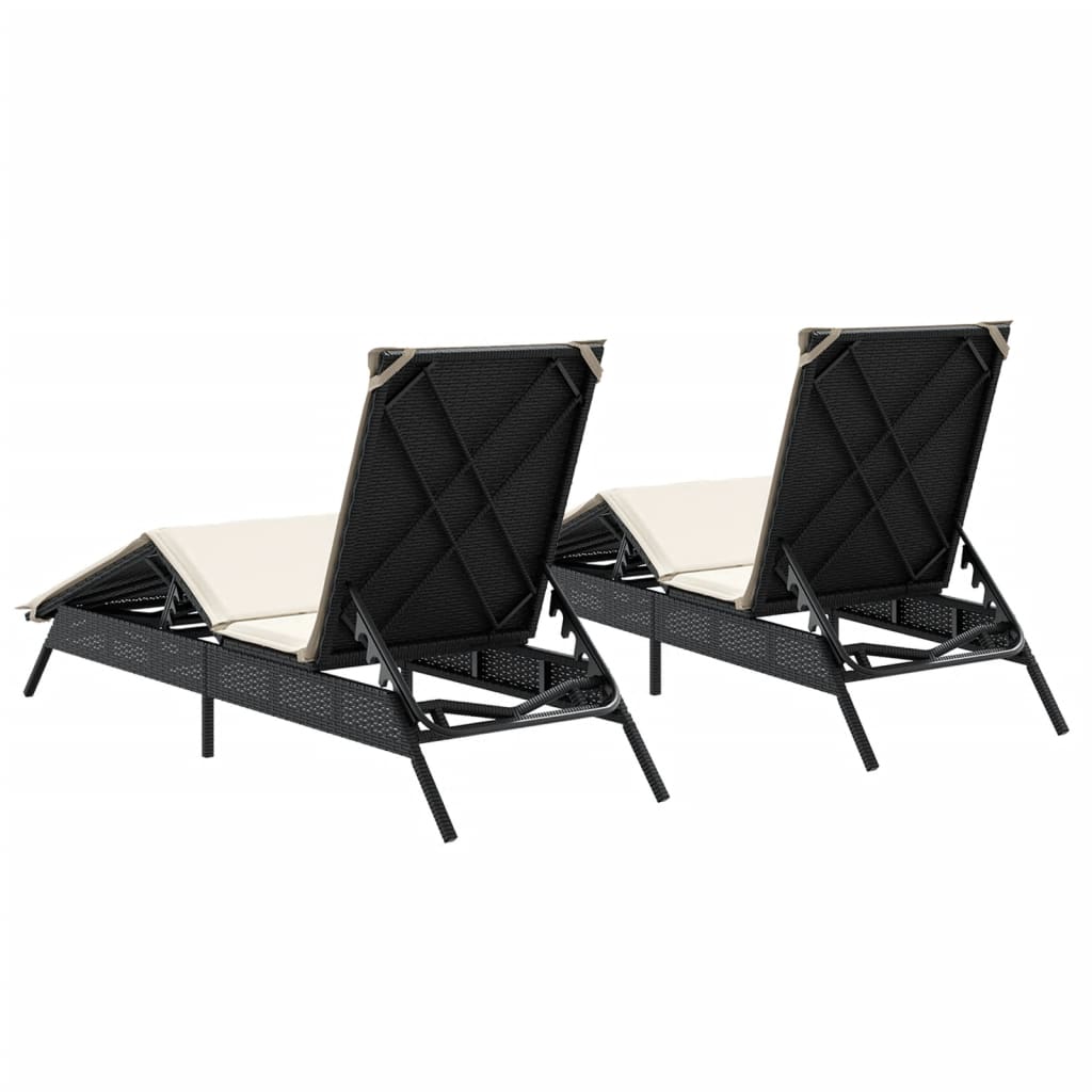 Sun loungers with cushions, 2 pcs, black, poly rattan