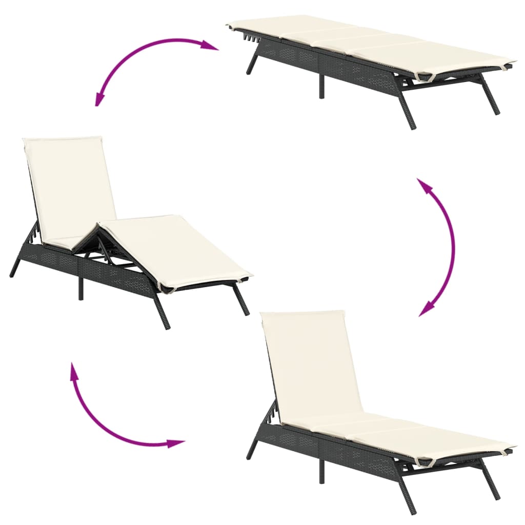 Sun loungers with cushions, 2 pcs, black, poly rattan