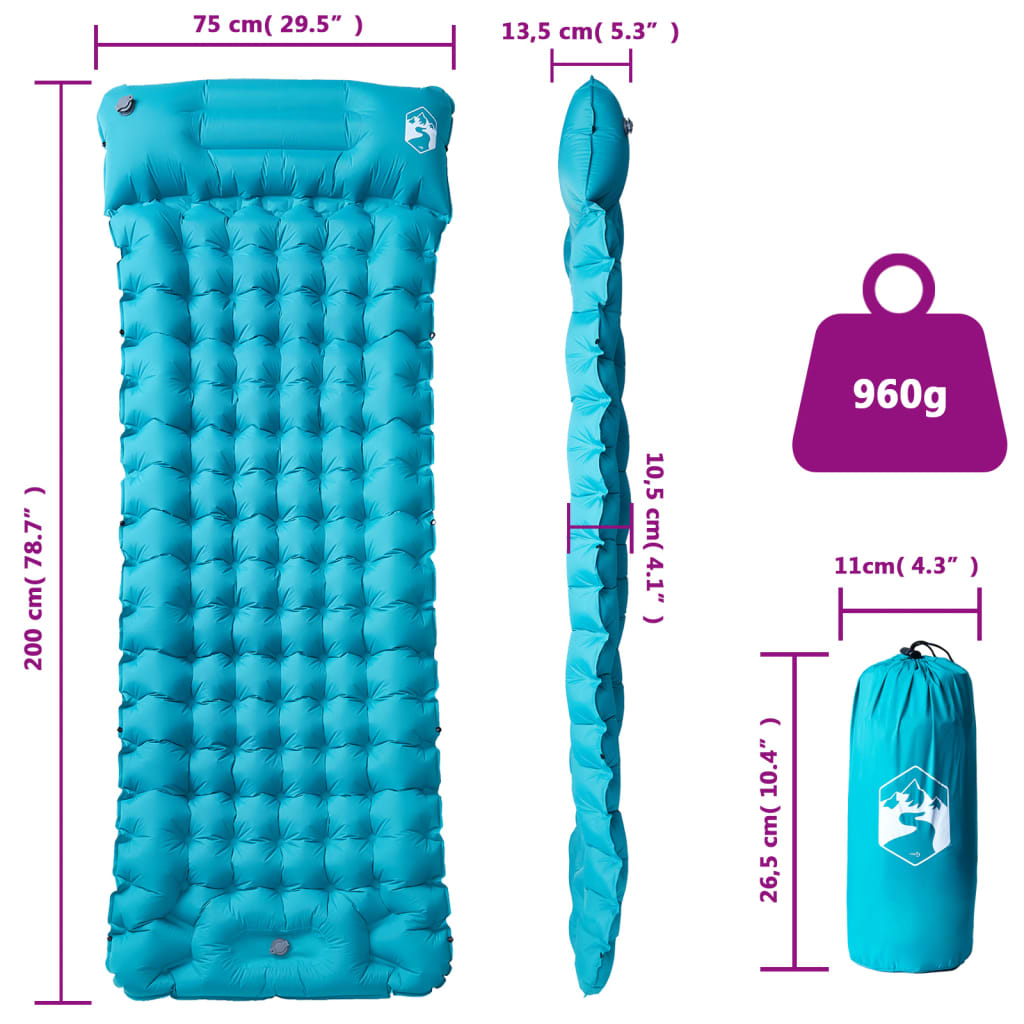 Self-inflating mattress with pillow, blue, single