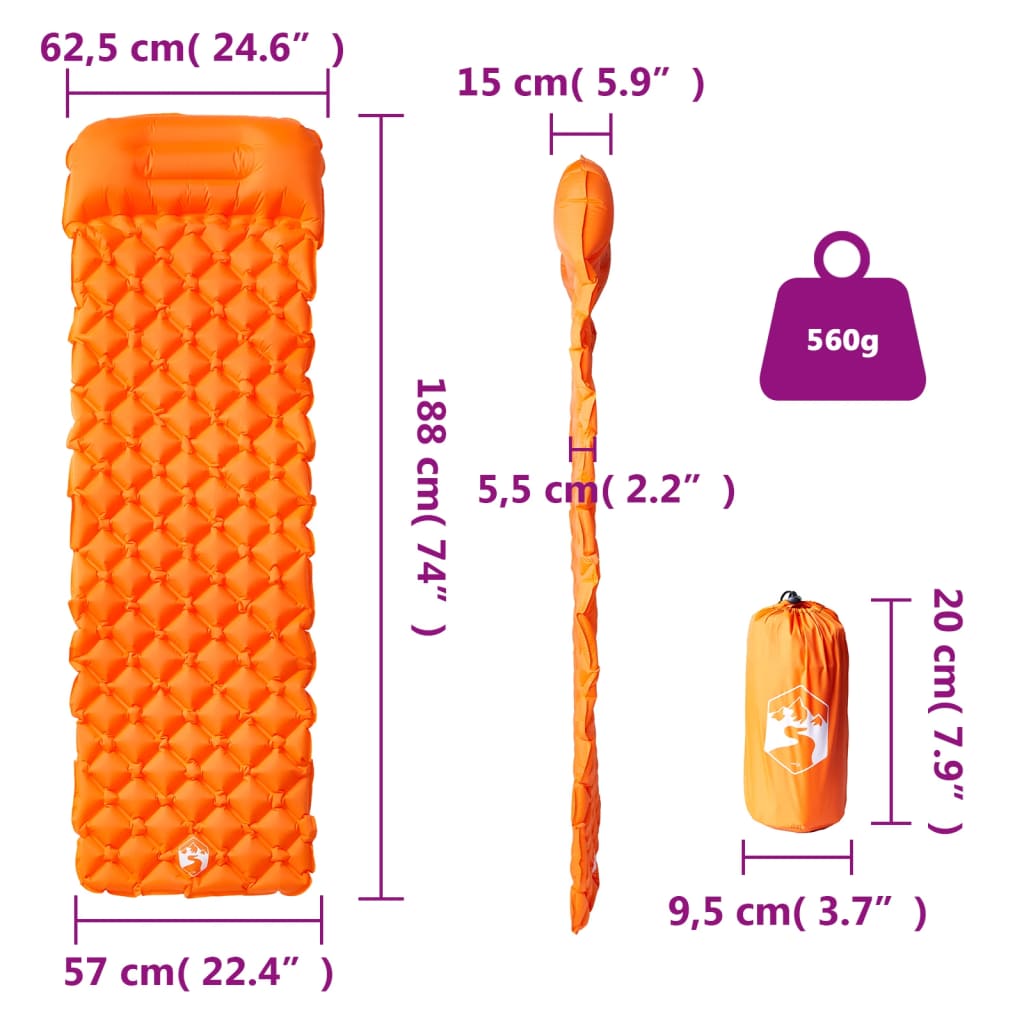 Pripučiamas stovyklavimo čiužinys su pagalve, oranžinis