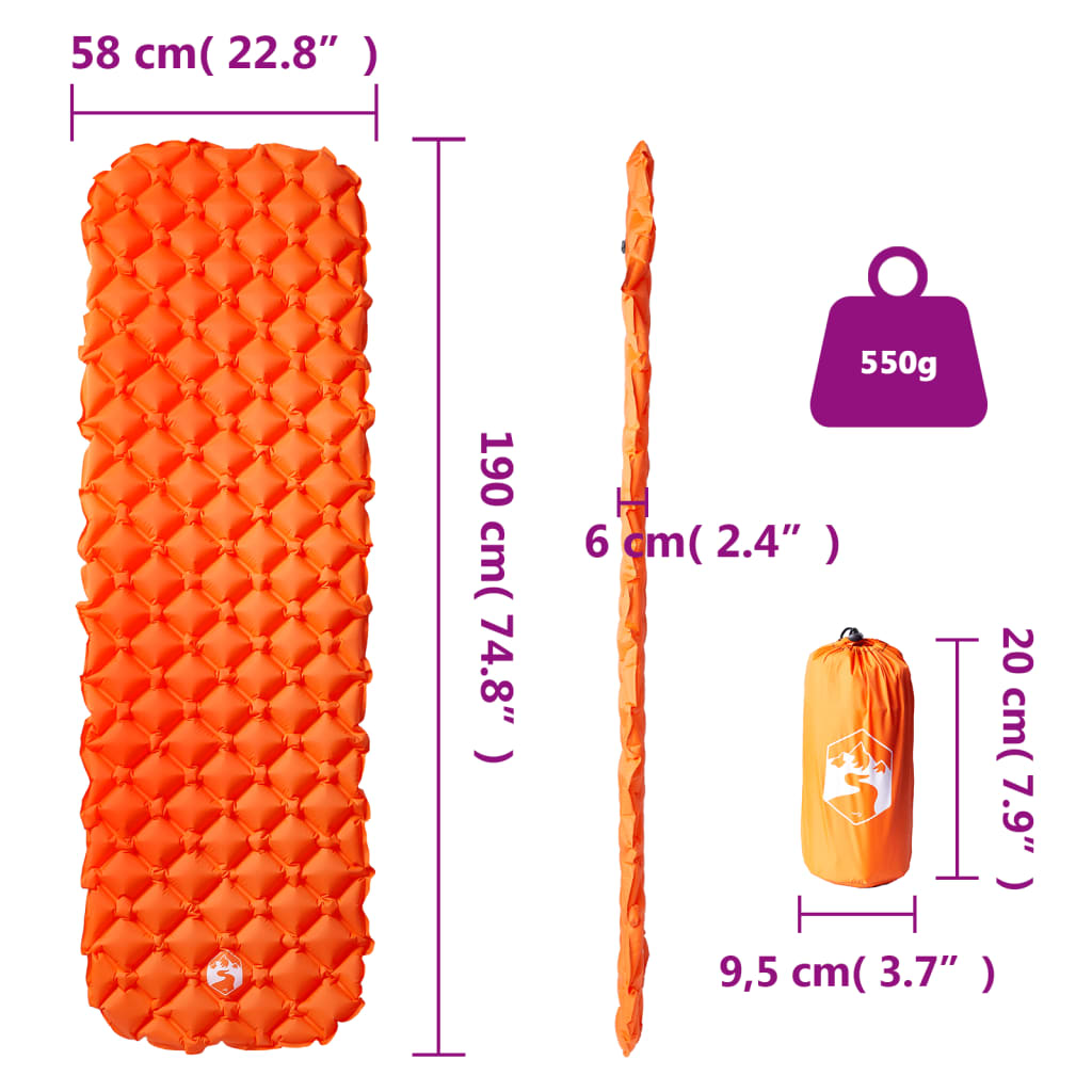 Inflatable mattress, orange, 190x58x6cm, single