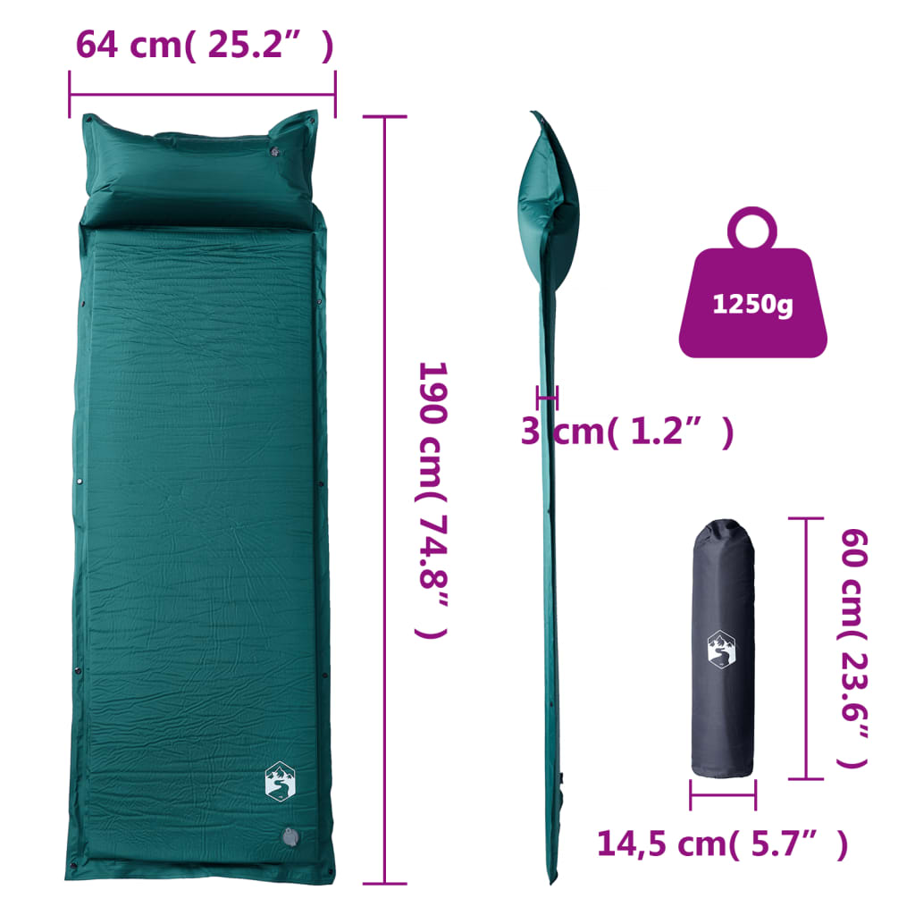 Self-inflating mattress with pillow, green, single