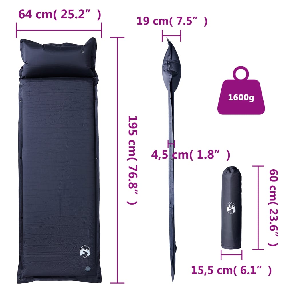 Self-inflating mattress with pillow, grey, single