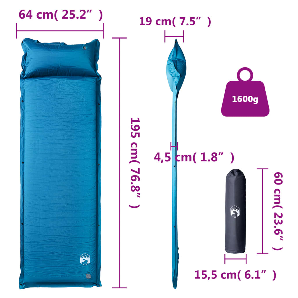 Self-inflating mattress with pillow, turquoise, single