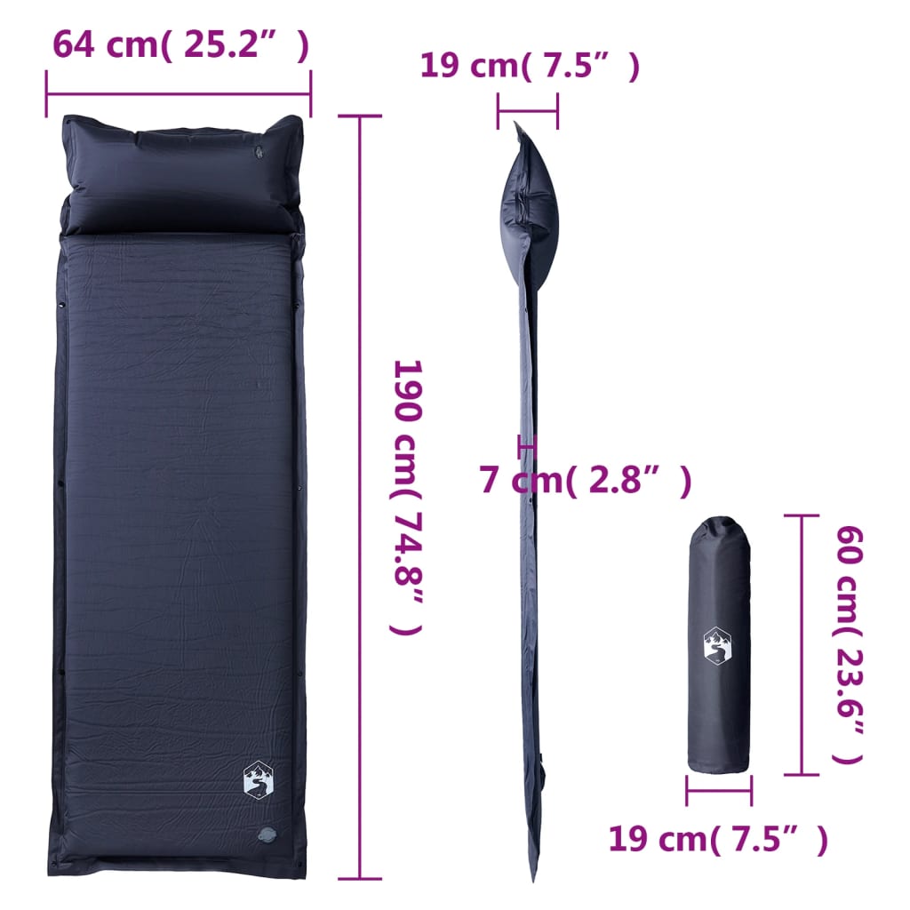 Self-inflating mattress with pillow, grey, single
