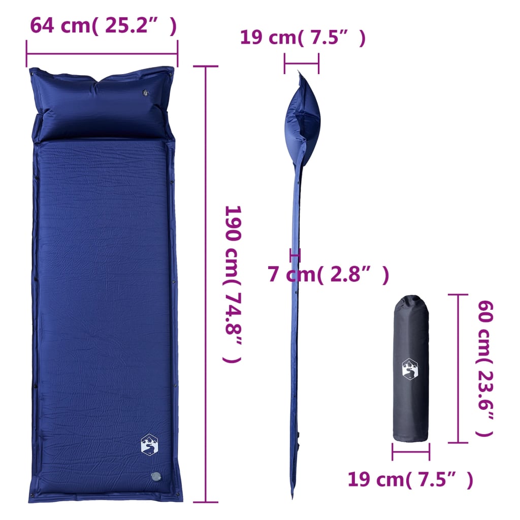 Self-inflating mattress with pillow, blue, single