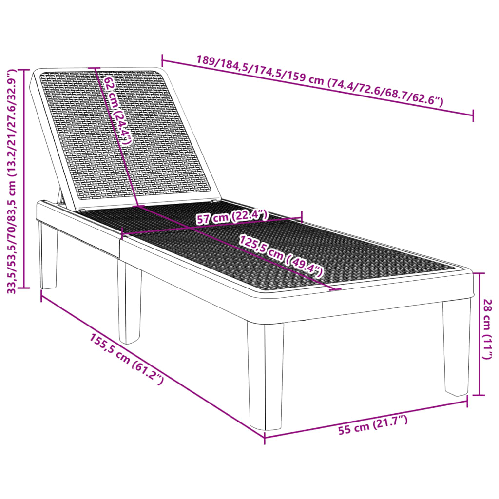 Sun lounger, 155.5x57x28cm, PP, 4-position adjustable