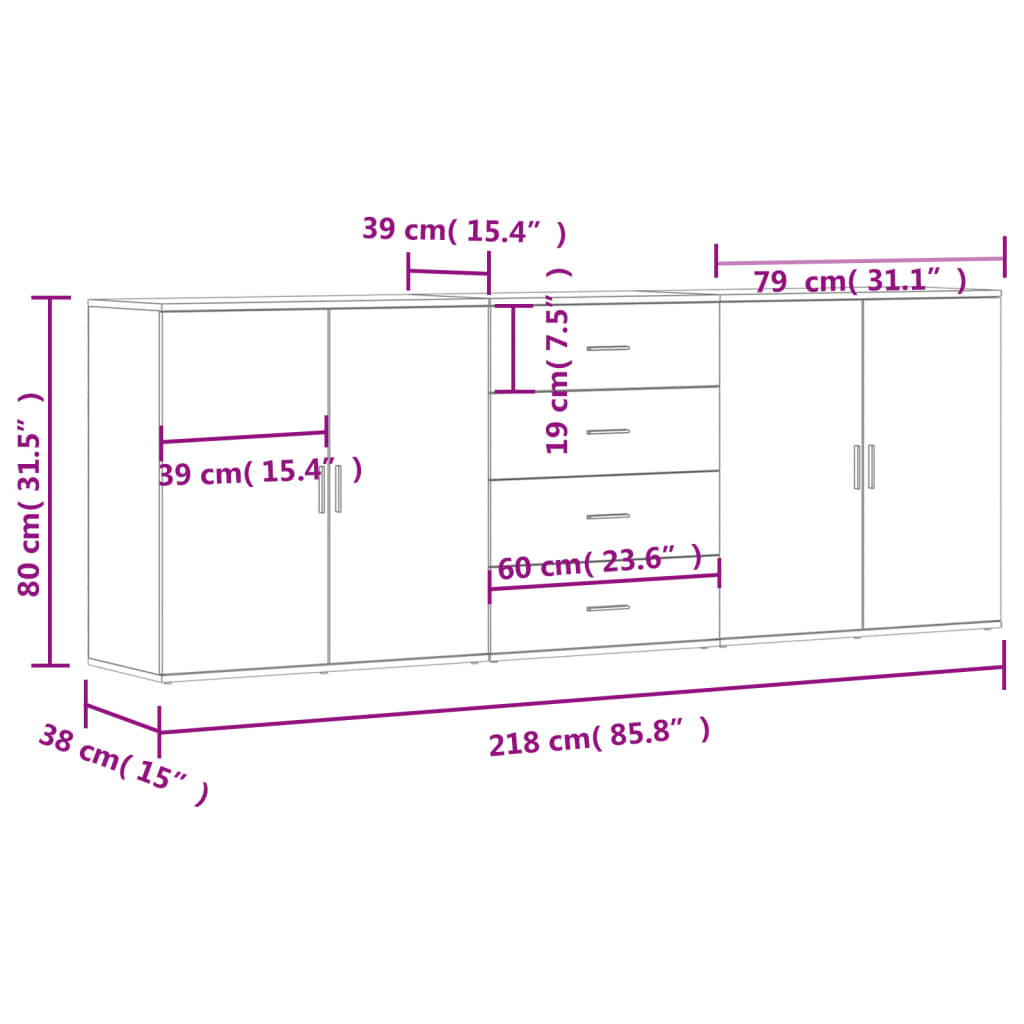 Sideboards, 3 pcs., grey oak, engineered wood