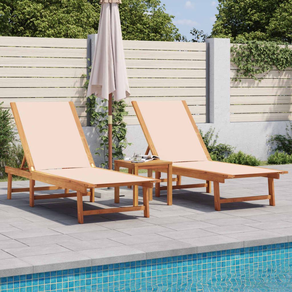 Sun loungers, 2 pcs, cream, solid acacia wood/textilene