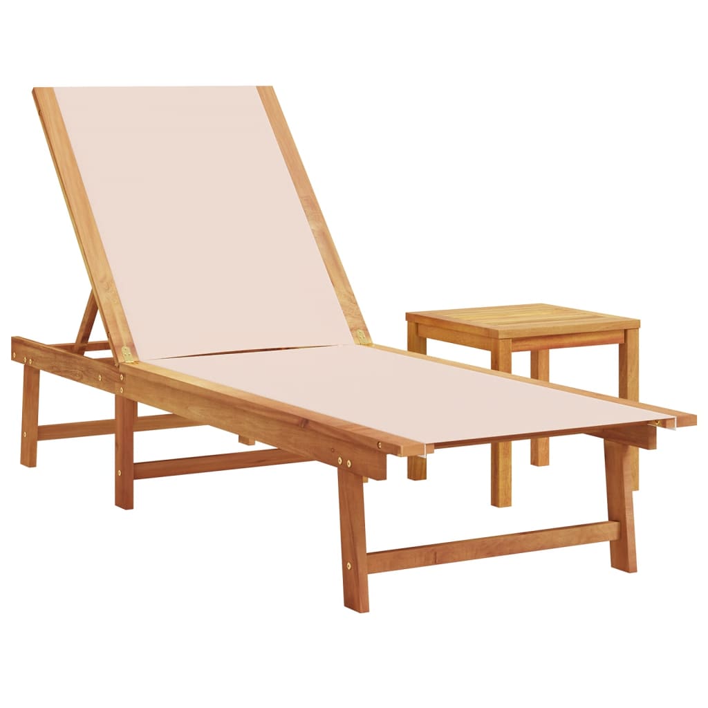 Sunloungers with Table, 2 pcs., Cream, Acacia/Textilene