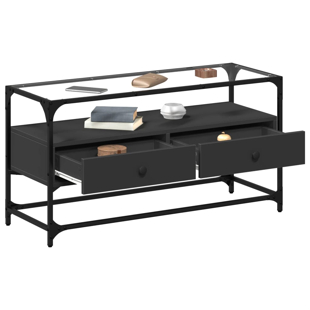 TV cabinet with glass top, black, 98x35x51cm, wood
