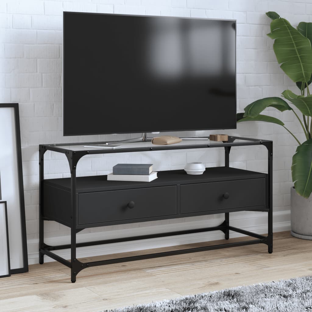TV cabinet with glass top, black, 98x35x51cm, wood