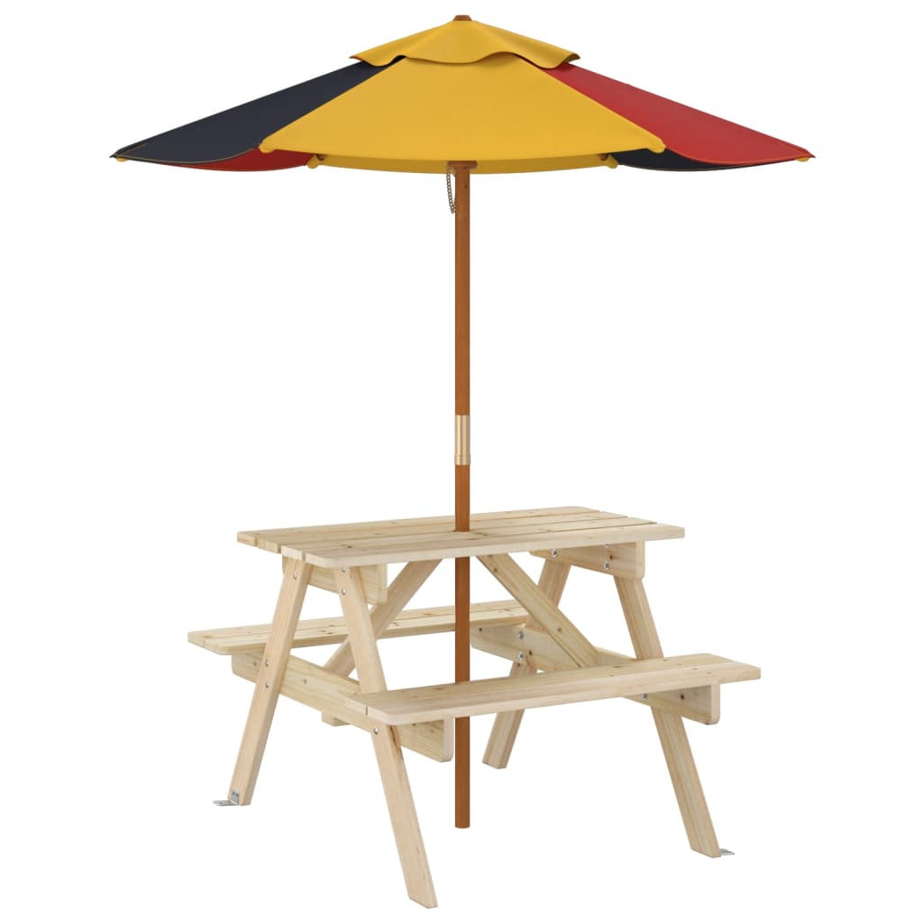Picnic table for 4 children with umbrella, solid spruce wood
