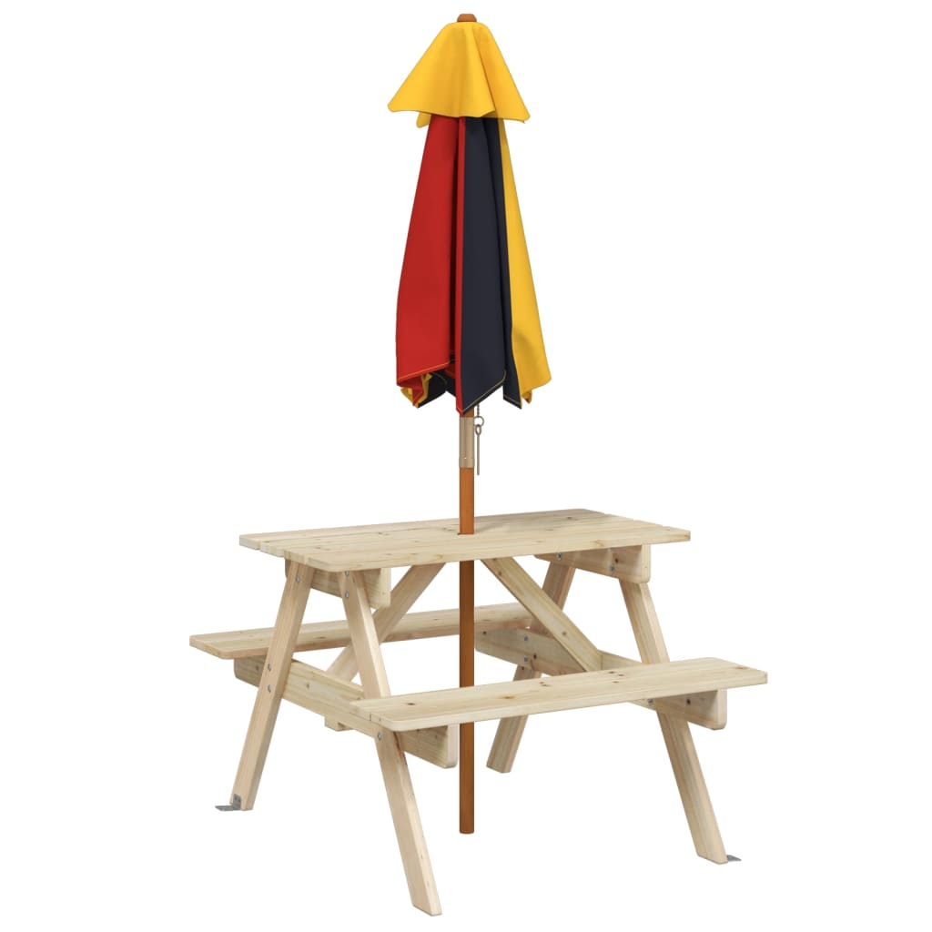 Picnic table for 4 children with umbrella, solid spruce wood