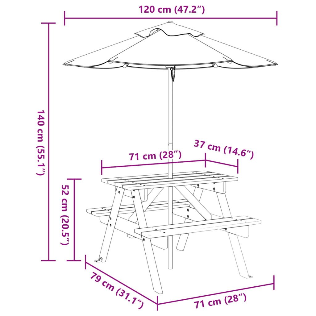 Picnic table for 4 children with umbrella, solid spruce wood