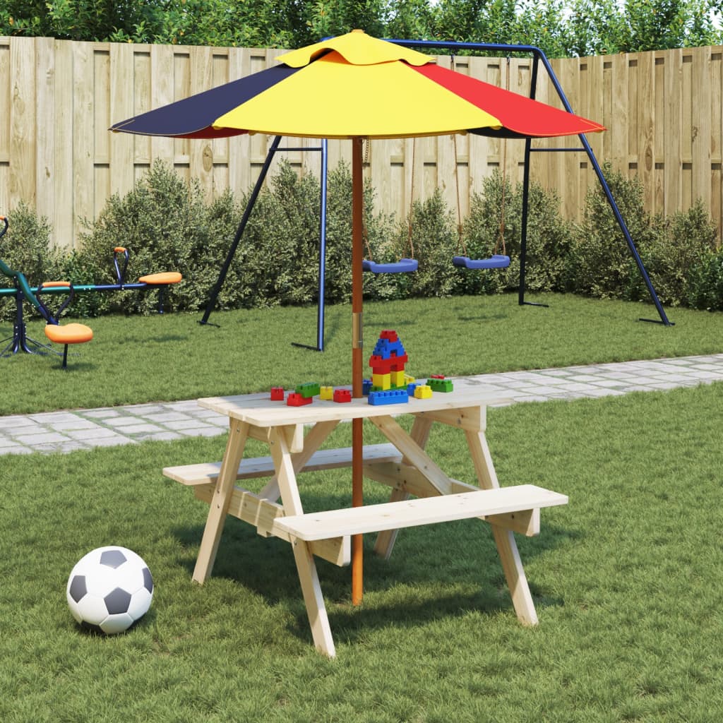 Picnic table for 4 children with umbrella, solid spruce wood