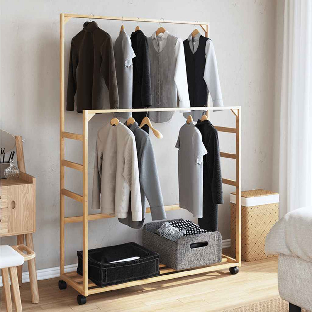 Bamboo Clothes Rack with Shelves and Wheels 90x35x155 cm