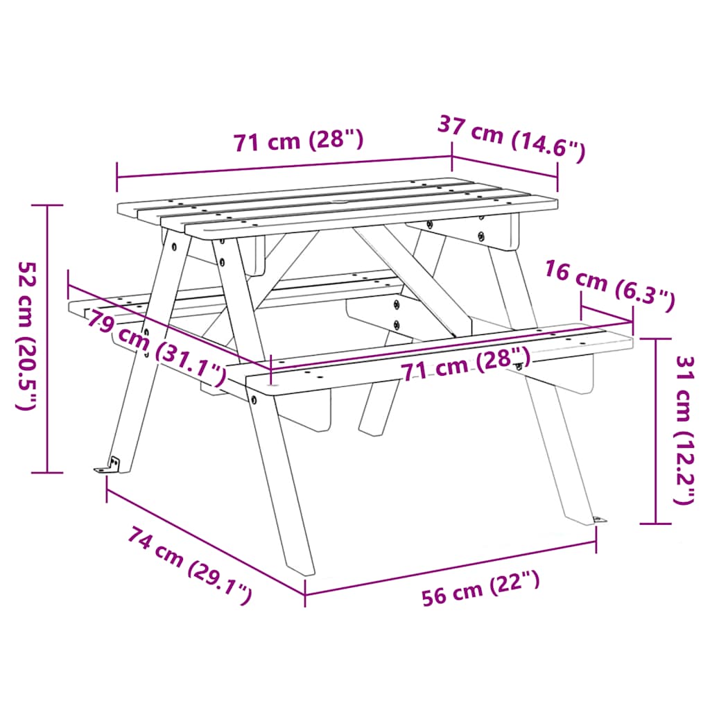 Picnic table for 4 children with parasol hole, solid spruce wood