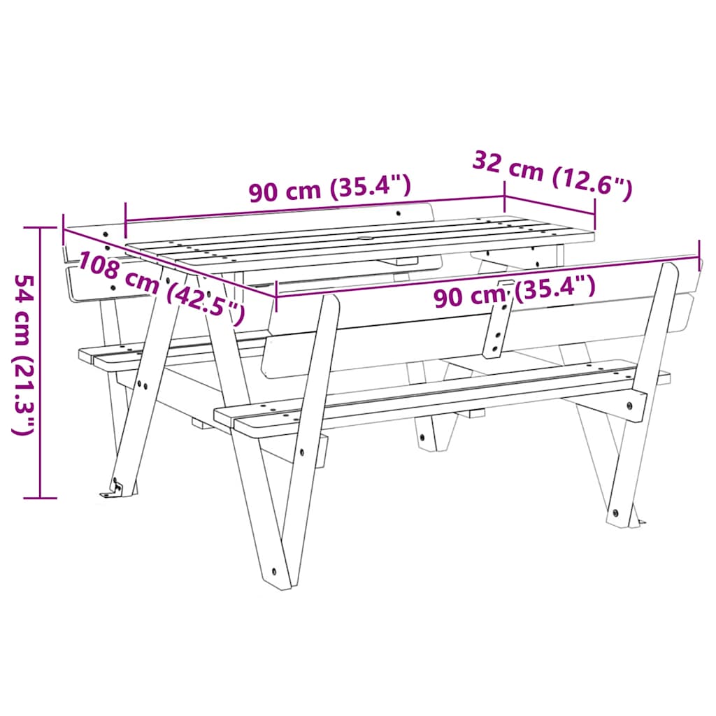 Picnic table for 4 children with parasol hole, solid spruce wood