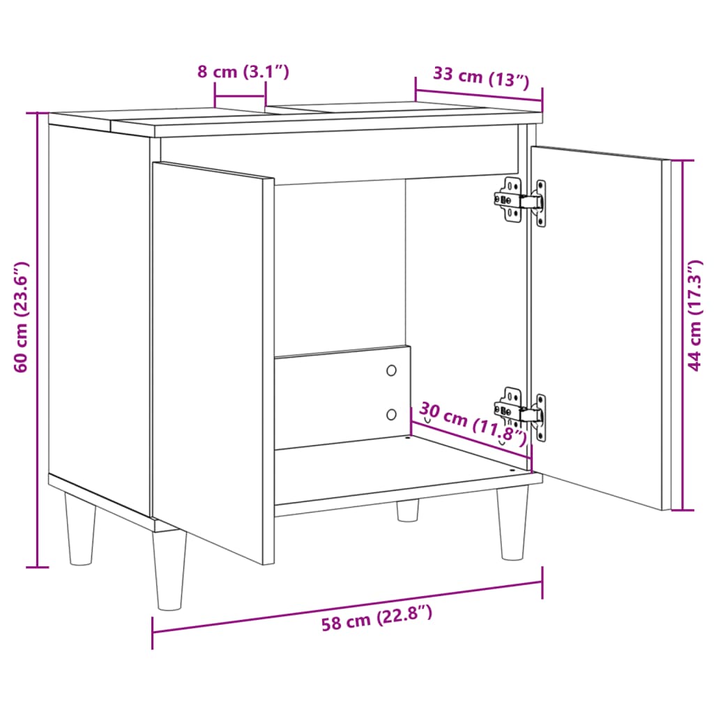 Sink cabinet, oak, 58x33x60cm, treated wood