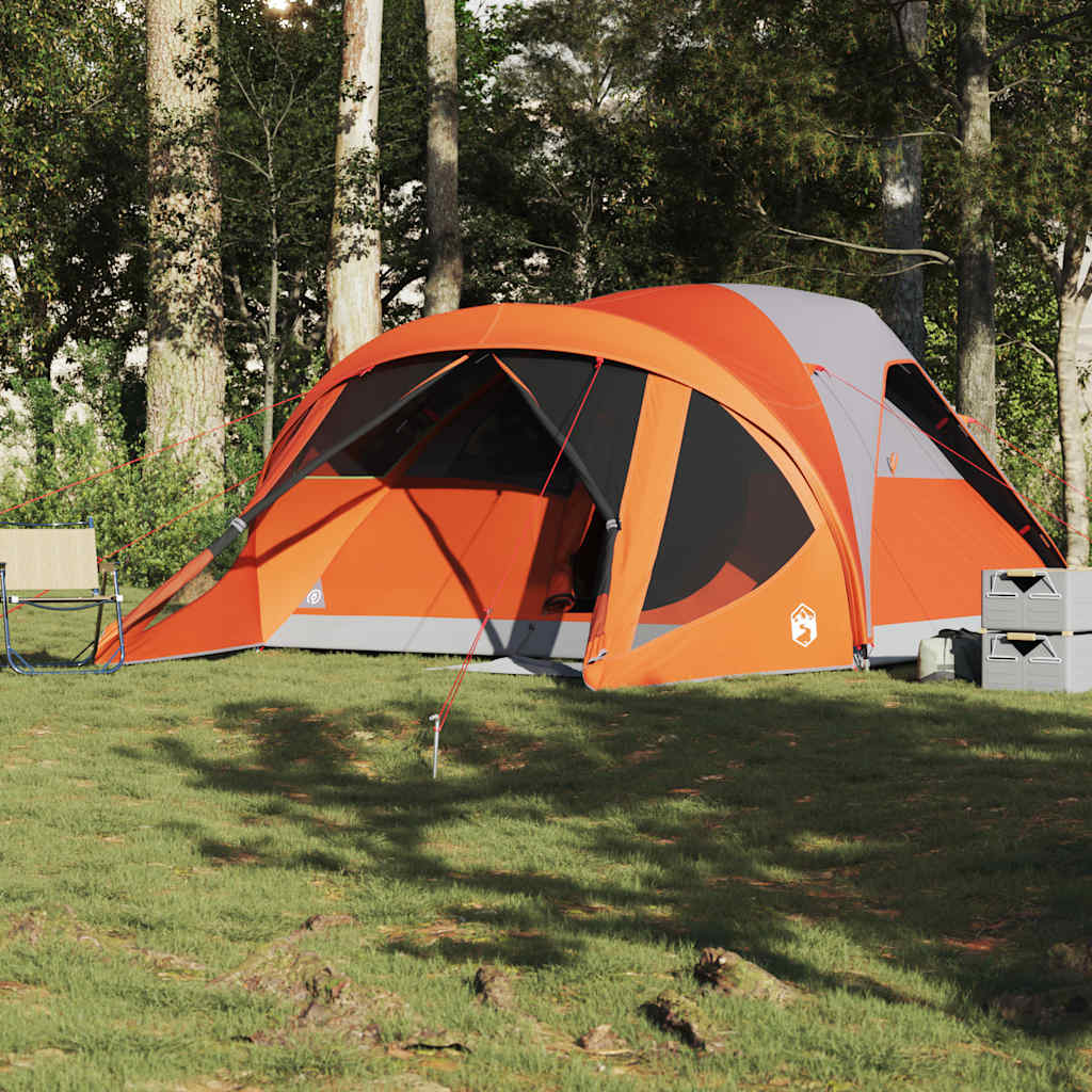 Family tent, gray and orange, six-person, tunnel