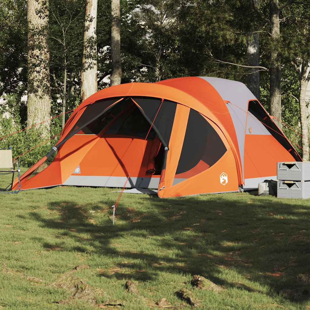 Family tent, gray and orange, six-person, tunnel