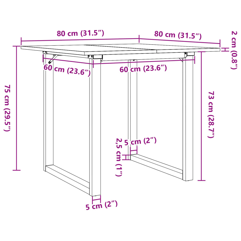 Dining table, 80x80x75cm, pine and steel, O-shaped frame