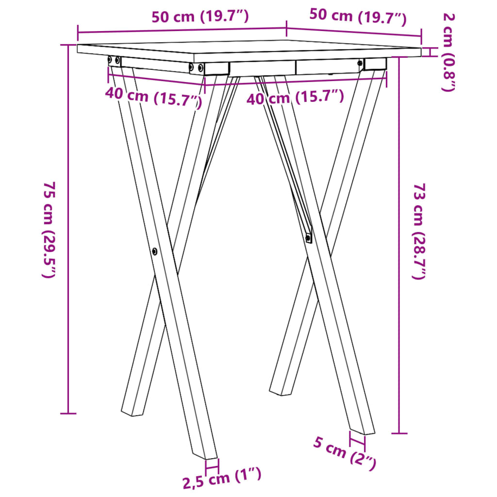 Dining table, 50x50x75cm, pine and steel, X-shaped frame