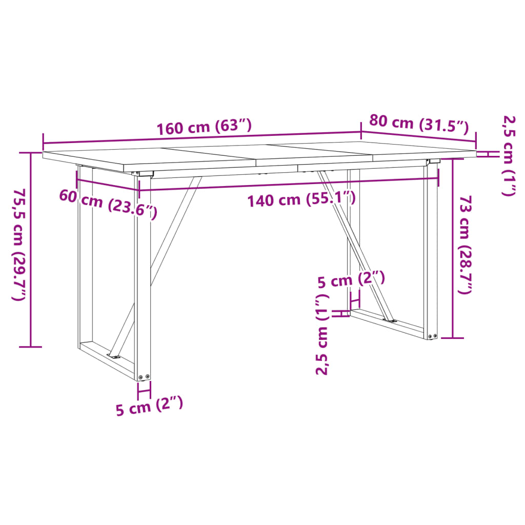 Dining table, 160x80x75.5cm, pine and steel, O-shaped frame
