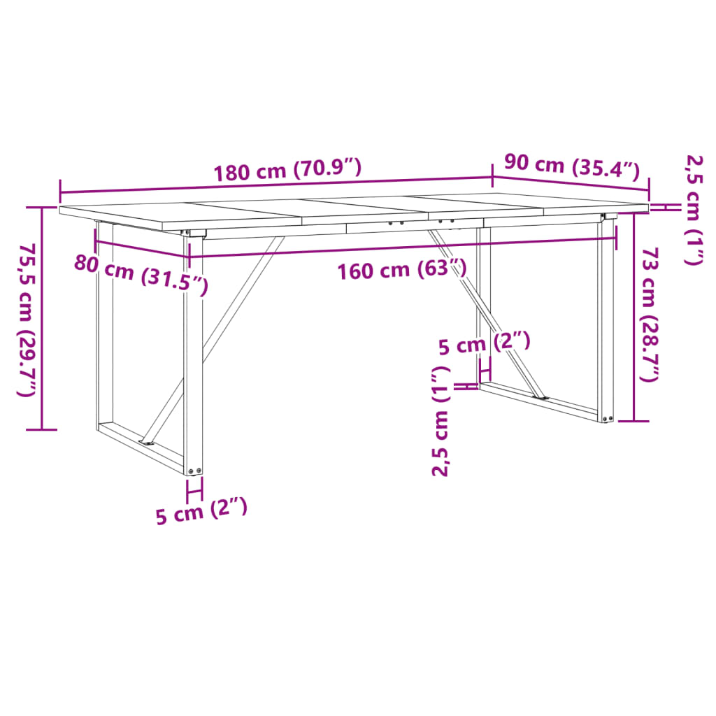 Dining table, 180x90x75.5cm, pine and steel, O-shaped frame