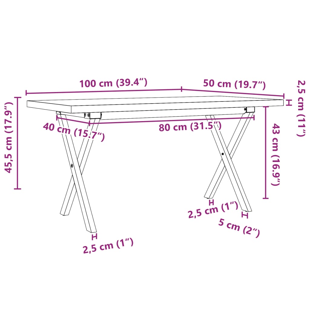 Coffee table, 100x50x45.5cm, pine and steel, X-shaped frame