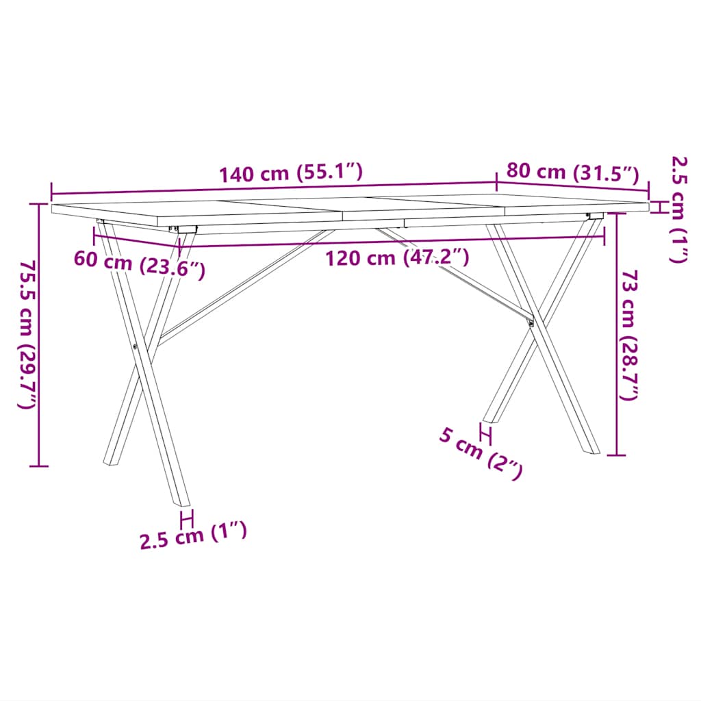 Dining table, 140x80x75.5cm, pine and steel, X-frame