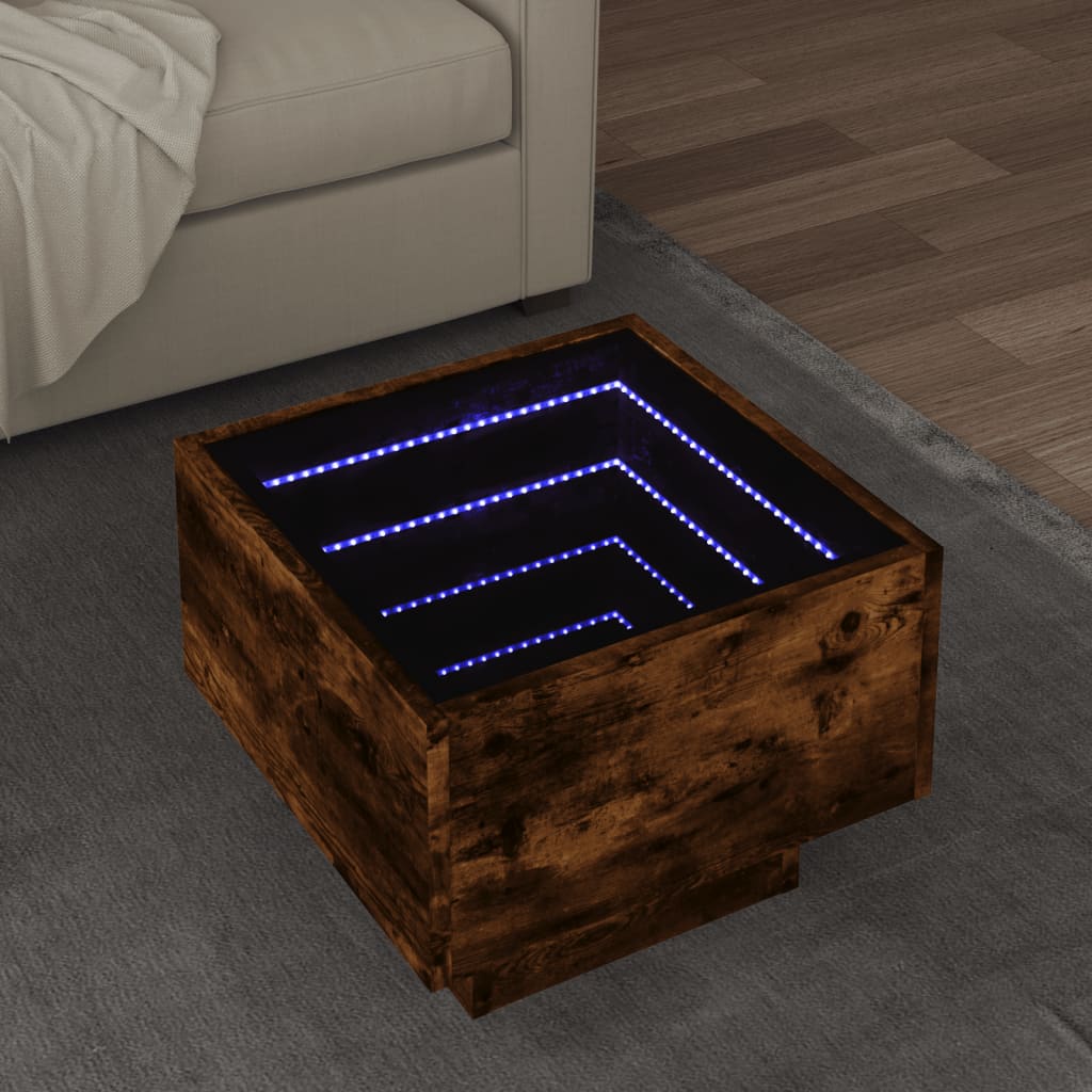 Sānu galdiņš ar LED, dūmu ozols, 40x40x30cm, koks