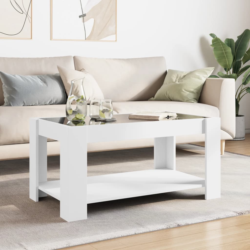 Kafijas galdiņš ar LED, balts, 93x53x45cm, apstrādāta koksne