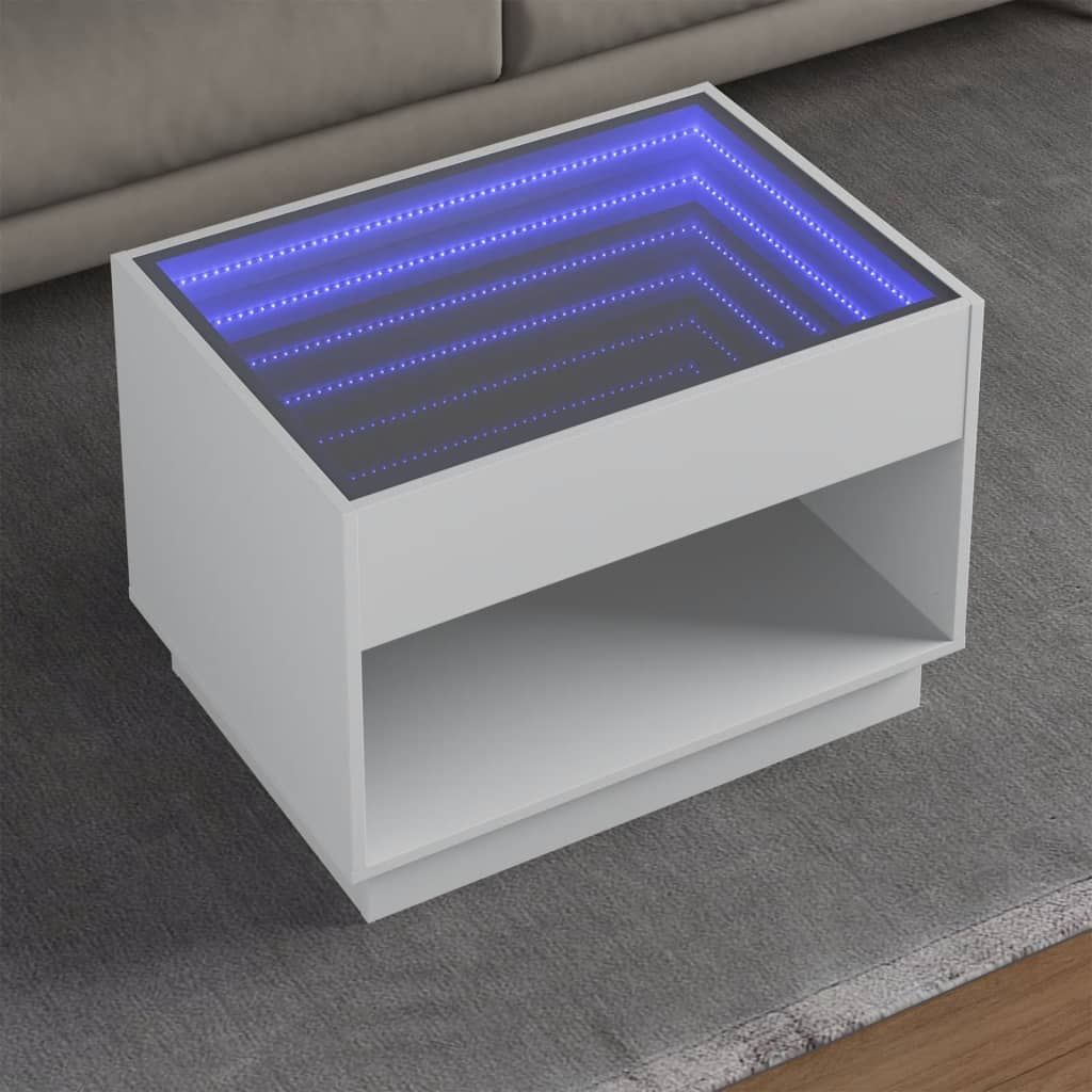 Coffee Table with Infinity LED Lights, White, 70x50x50cm
