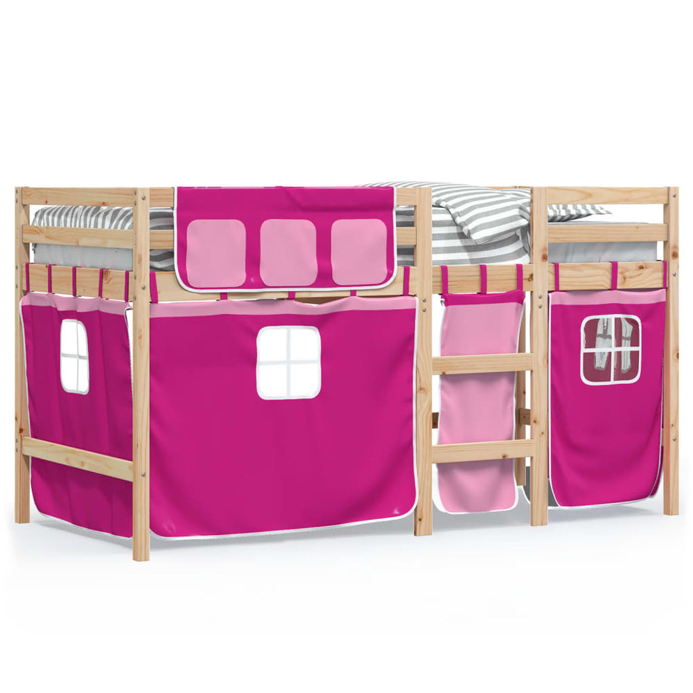 Aukšta vaikiška lova su užuolaidomis, rožinė, 90x200cm, pušis