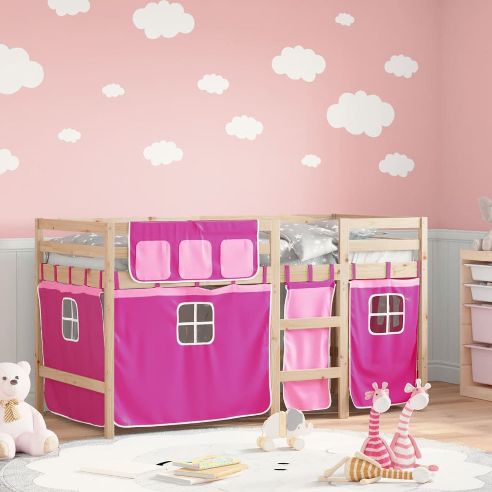 Aukšta vaikiška lova su užuolaidomis, rožinė, 90x200cm, pušis