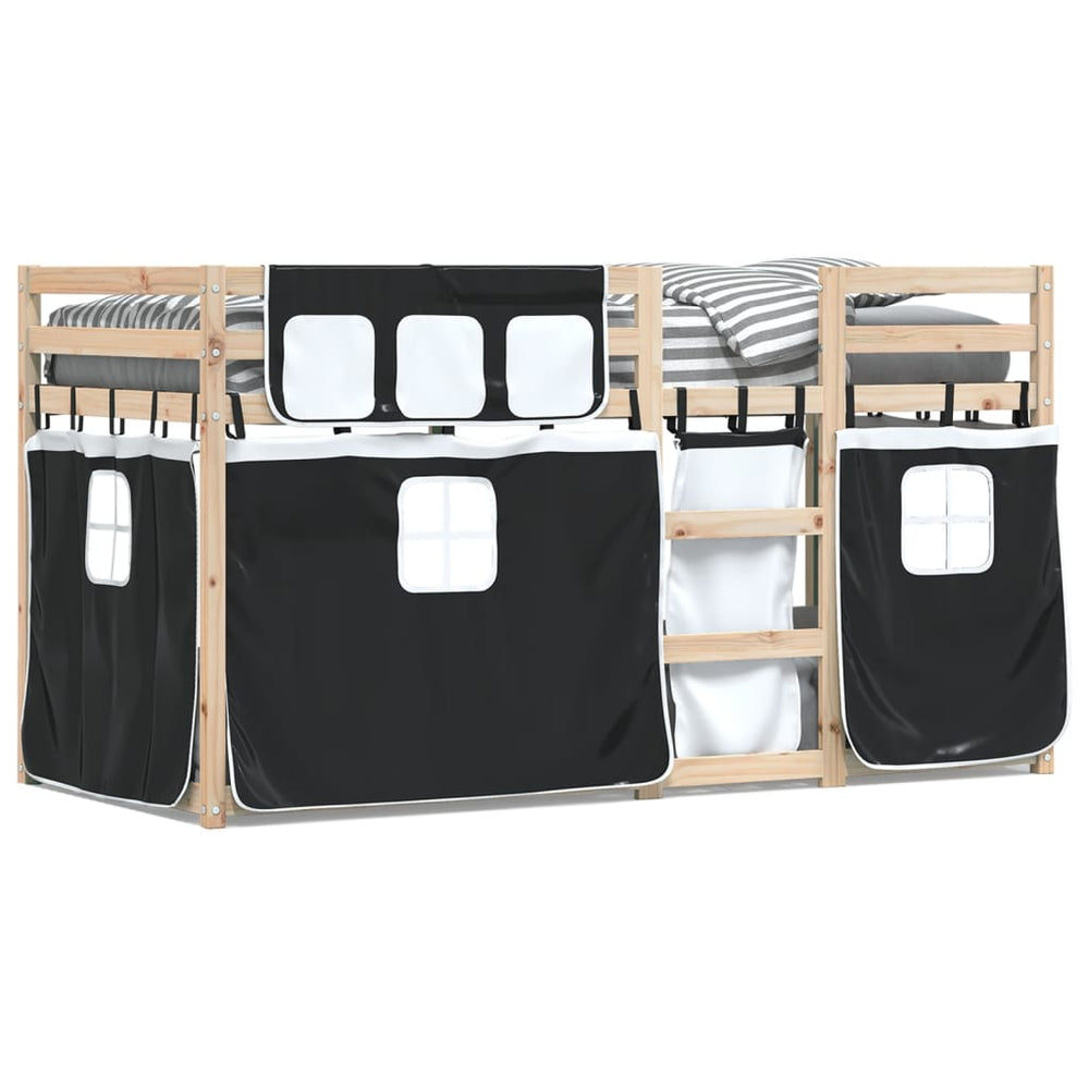 Dviaukštė lova su užuolaidomis, balta/juoda, 90x200cm, pušis