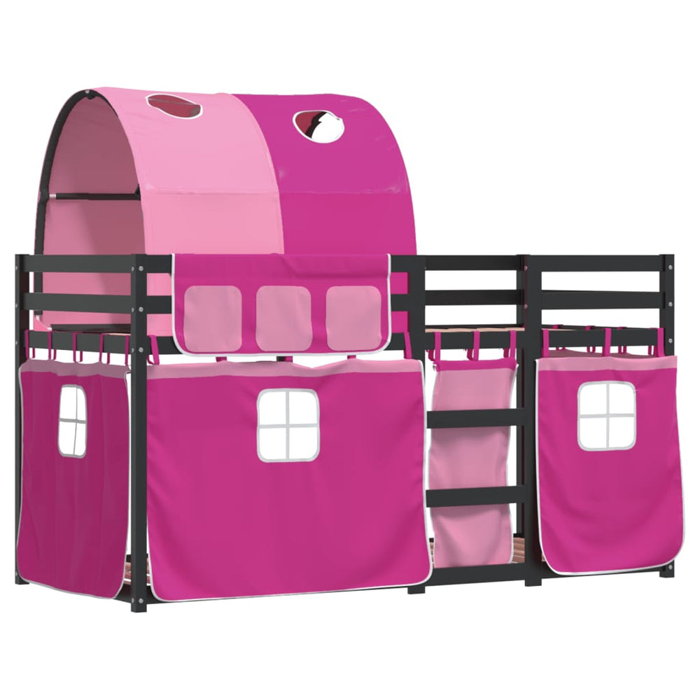 Dviaukštė lova su užuolaidomis, rožinė, 90x200cm, pušis