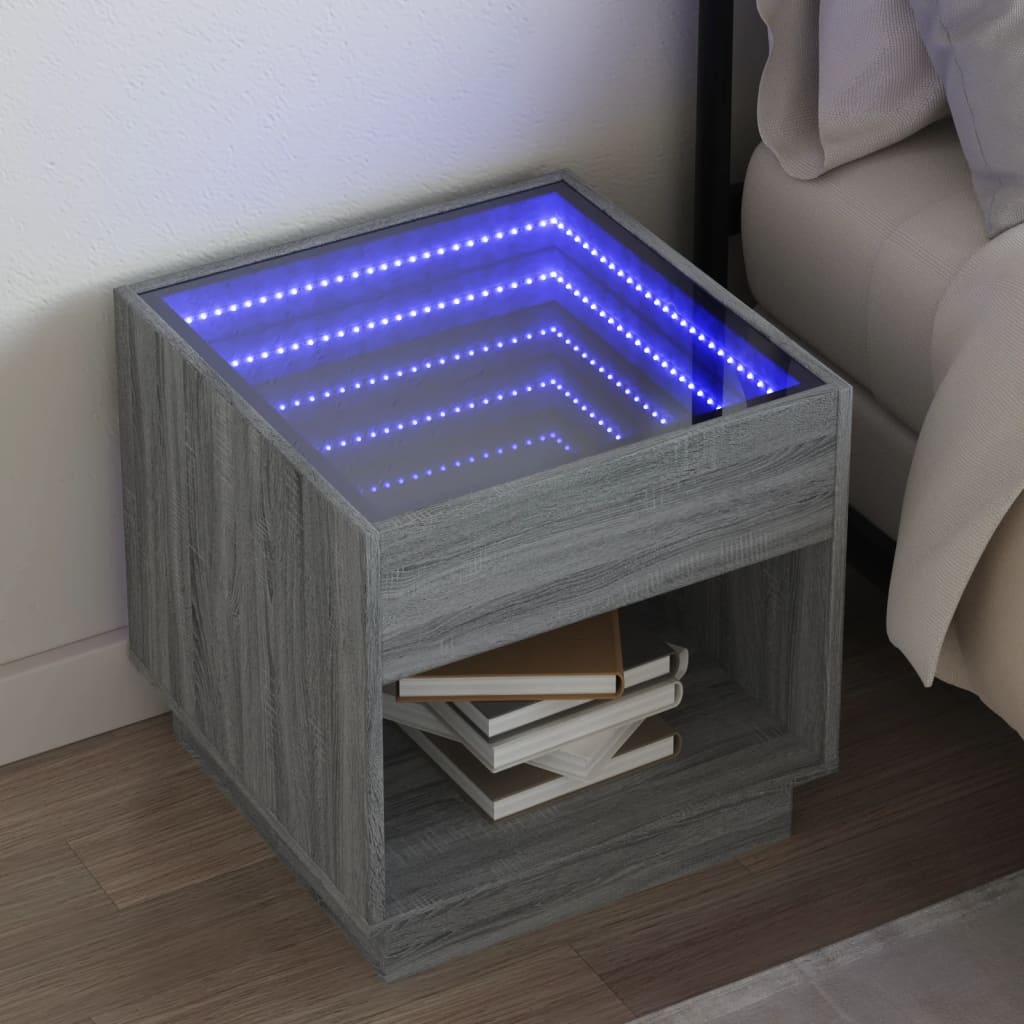 Naktsgaldiņš ar bezgalības LED, pelēks ozols, 50x50x50cm