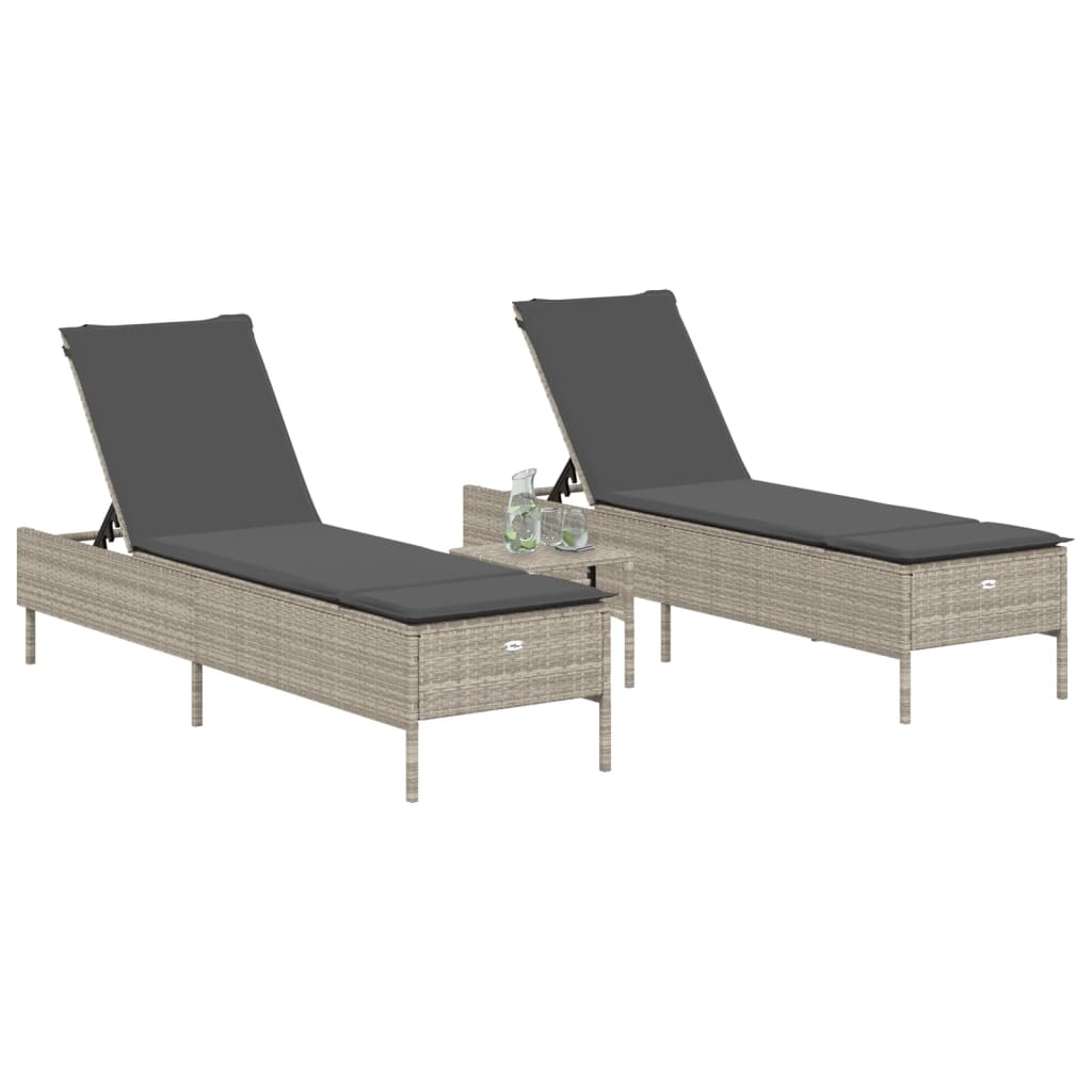 Sun Lounger Set, 3-Piece, Light Grey, Poly Rattan
