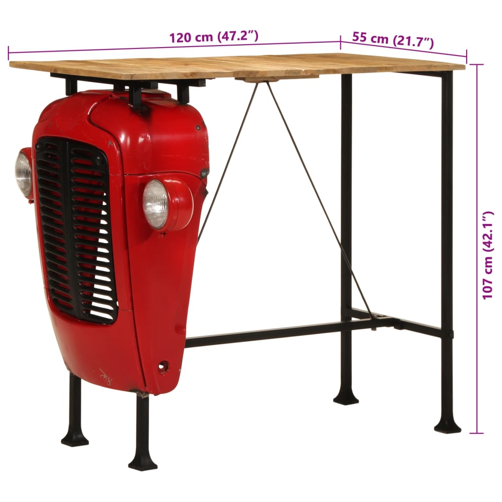 Tractor bar table, red/brown, 55x120x107cm, mango