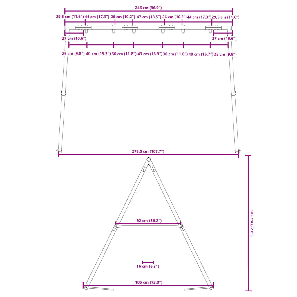 Outdoor swing frame width 273.5 x height 185 cm