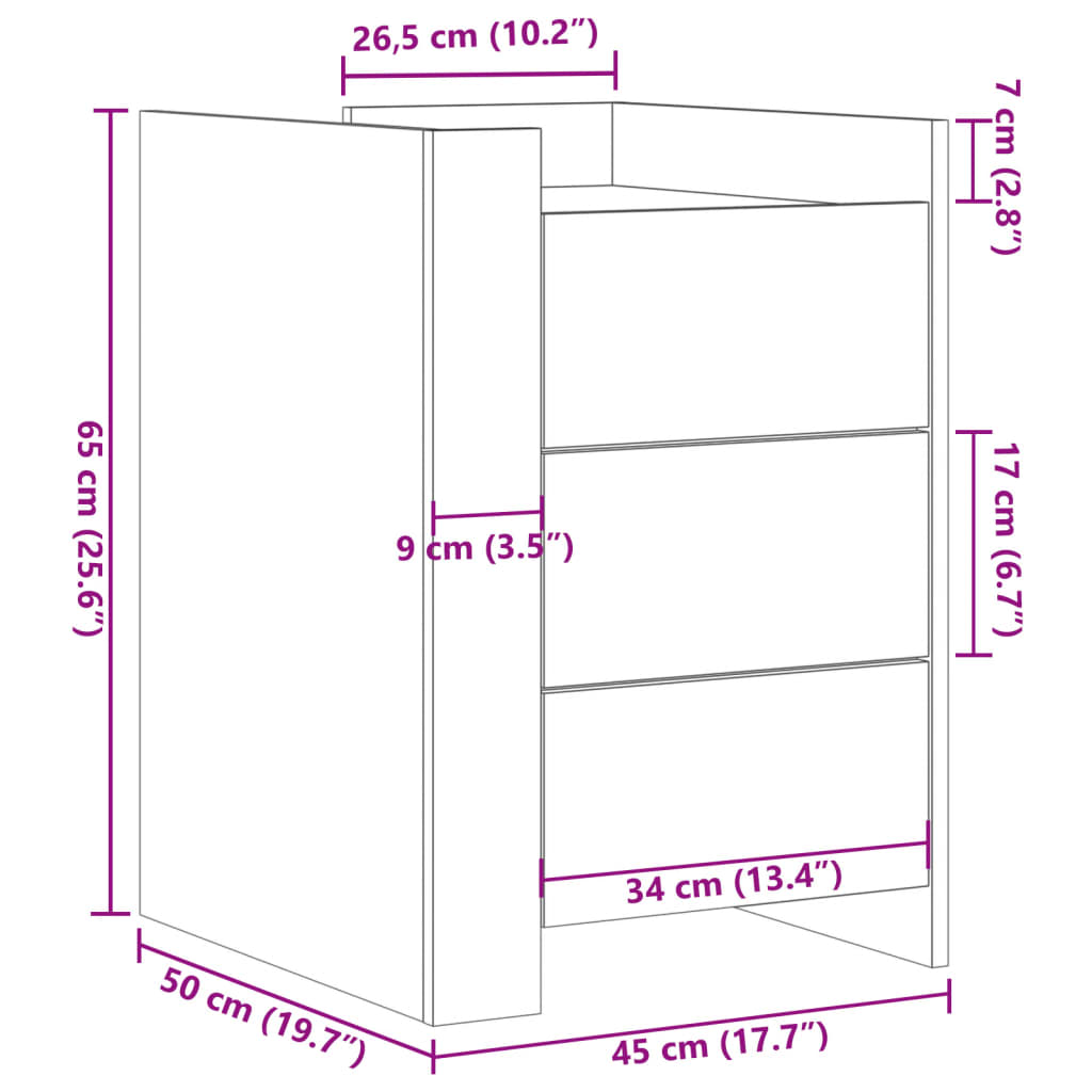 Bedside table, white, 45x50x65cm, engineered wood