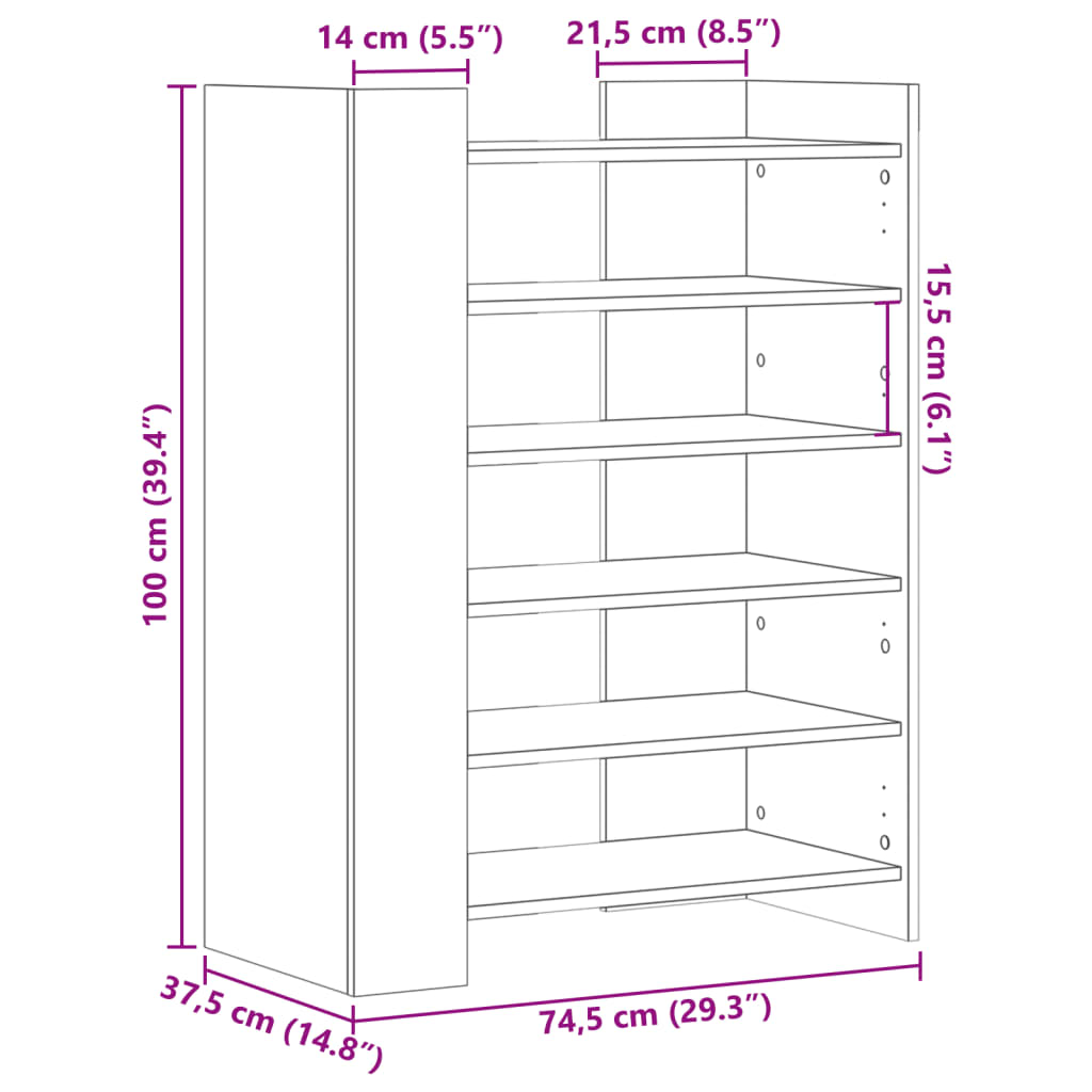 Shoe cabinet, black, 74.5x37.5x100cm, engineered wood