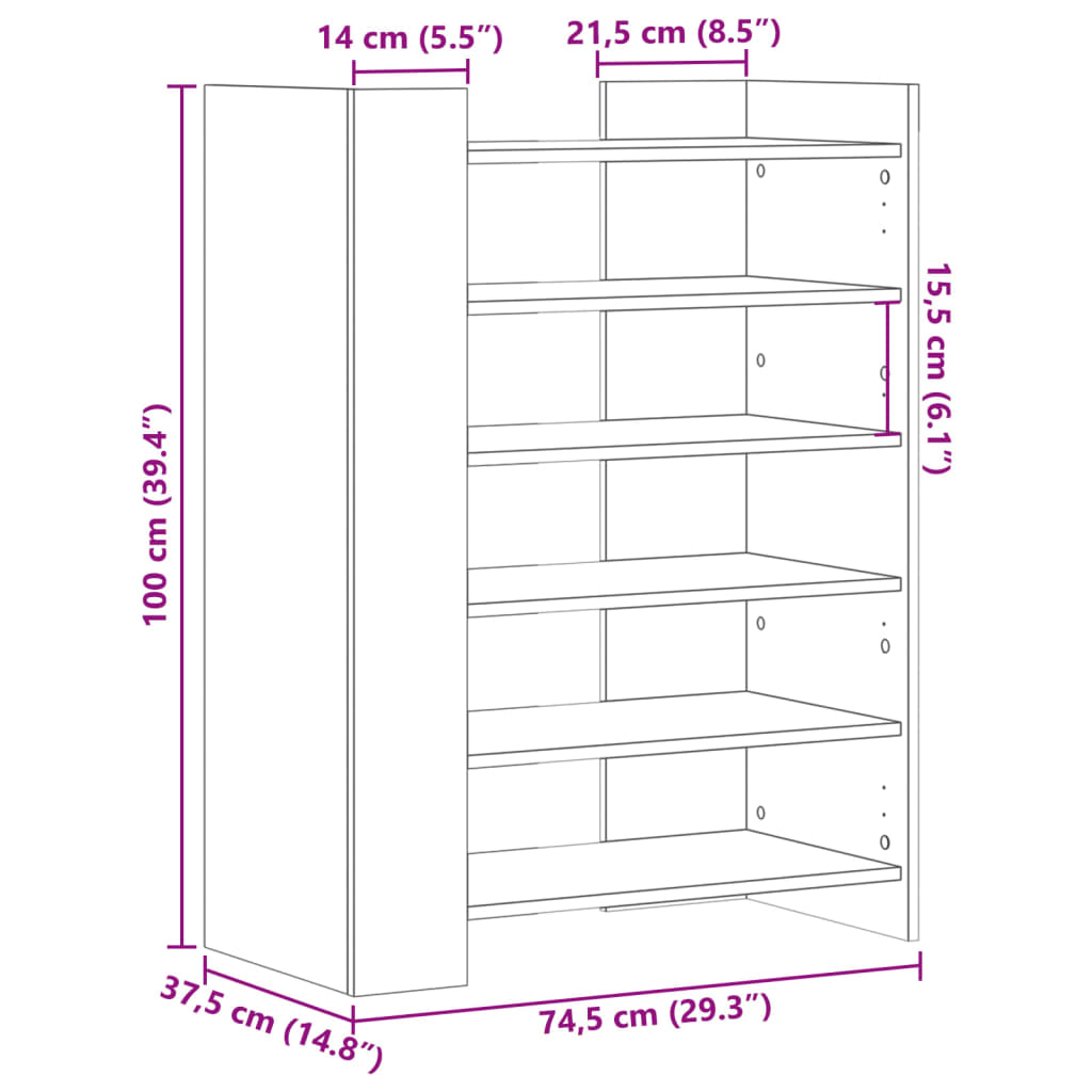 Shoe cabinet, grey oak, 74.5x37.5x100cm, wood