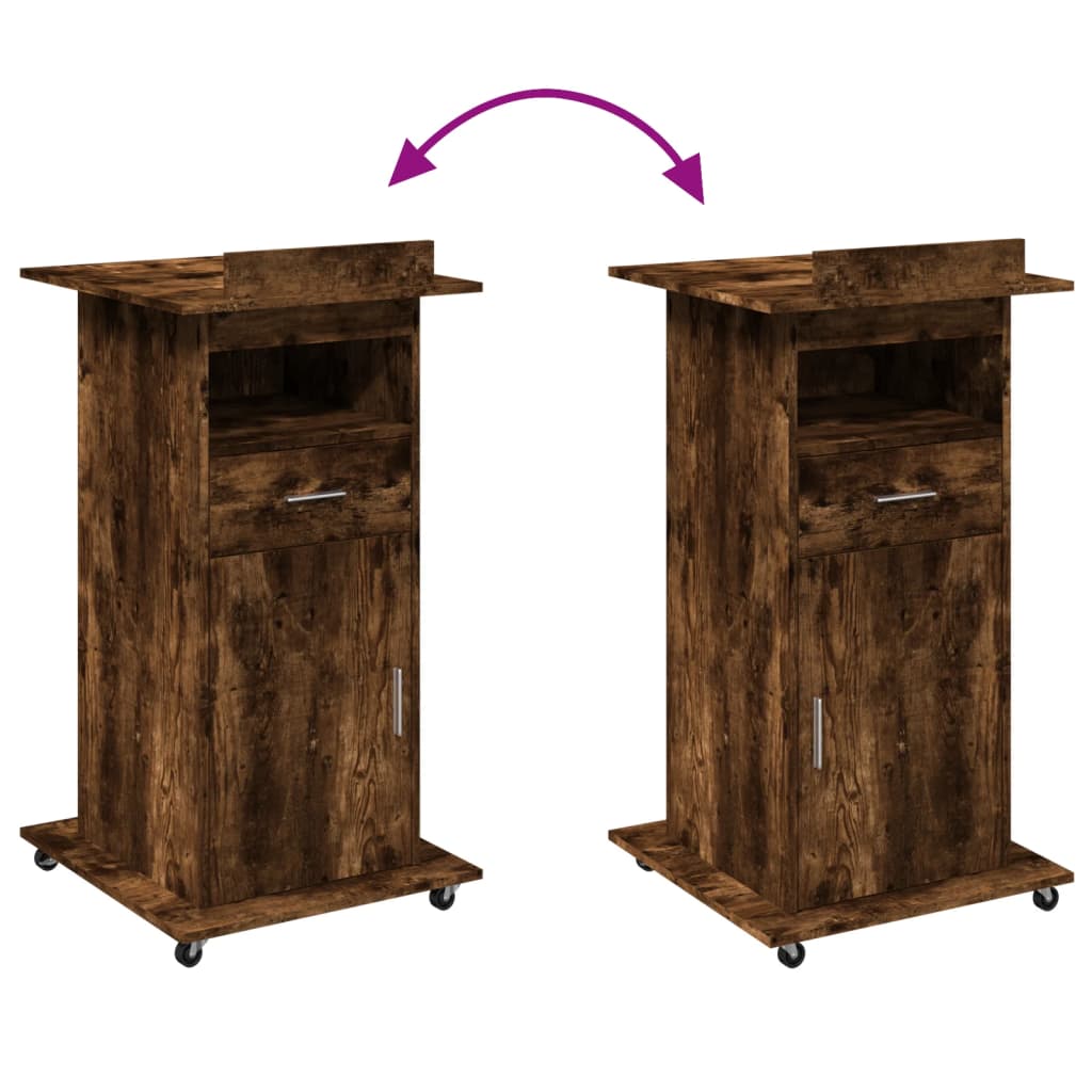 Lectern with wheels and drawer, brown, 55x55x107cm, wood