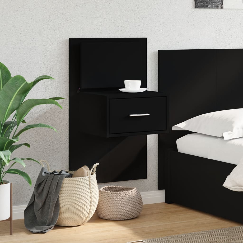 Wall-mounted nightstand with LED, black
